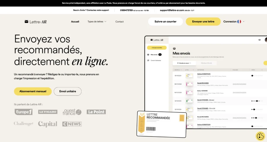 Lettre Mo propose l'envoi de recommandés en ligne dans la page d'accueil du site.