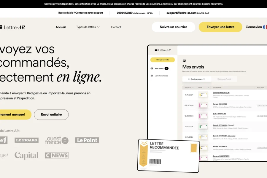 Lettre Mo propose l'envoi de recommandés en ligne dans la page d'accueil du site.