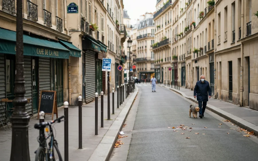 Vue d'une rue parisienne étroite avec des bâtiments en pierre et une personne promenant un chien.