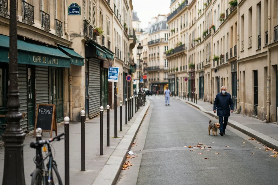 Vue d'une rue parisienne étroite avec des bâtiments en pierre et une personne promenant un chien.