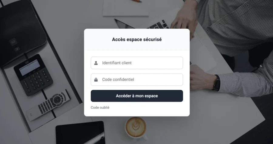 Fenêtre d'authentification demandant un identifiant et un code confidentiel affichée au premier plan. Le titre de la boîte dialogue est 'Accès espace sécurisé'.