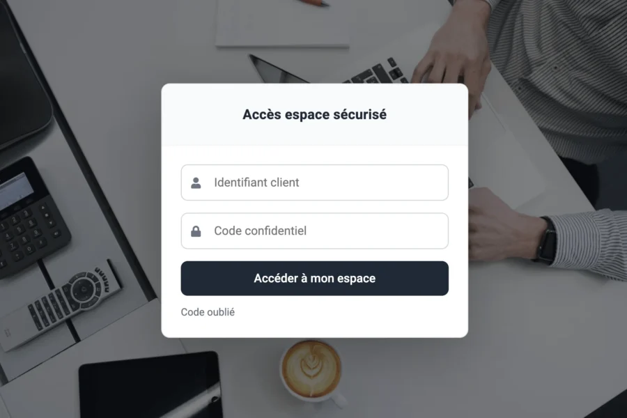 Fenêtre d'authentification demandant un identifiant et un code confidentiel affichée au premier plan. Le titre de la boîte dialogue est 'Accès espace sécurisé'.