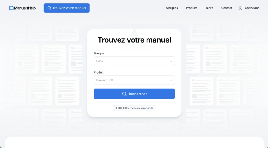 Page d'accueil du site ManualsLib avec un formulaire pour trouver un manuel indiquant les champs Marque et Produit.