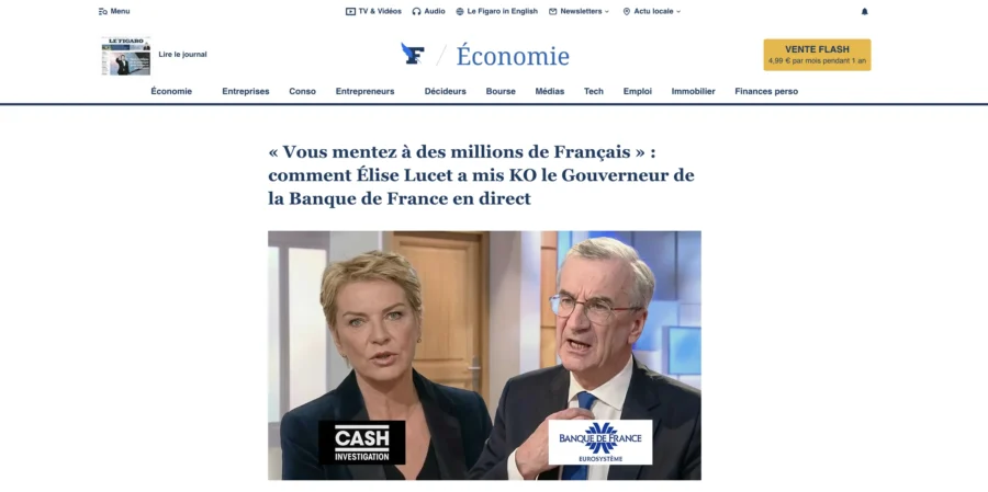Capture d'écran d'un article économique montrant une femme et un homme tenant un micro lors d'une interview télévisée.