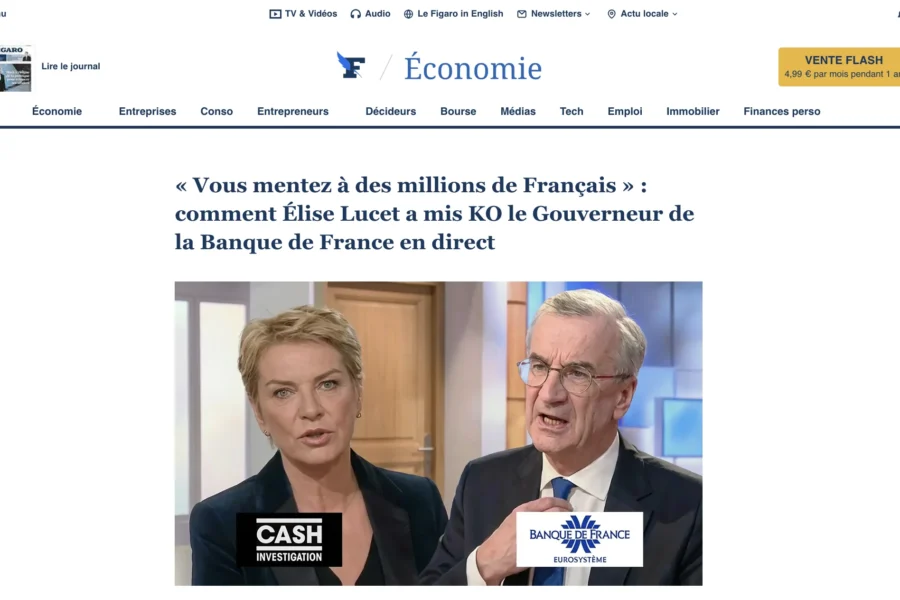 Capture d'écran d'un article économique montrant une femme et un homme tenant un micro lors d'une interview télévisée.