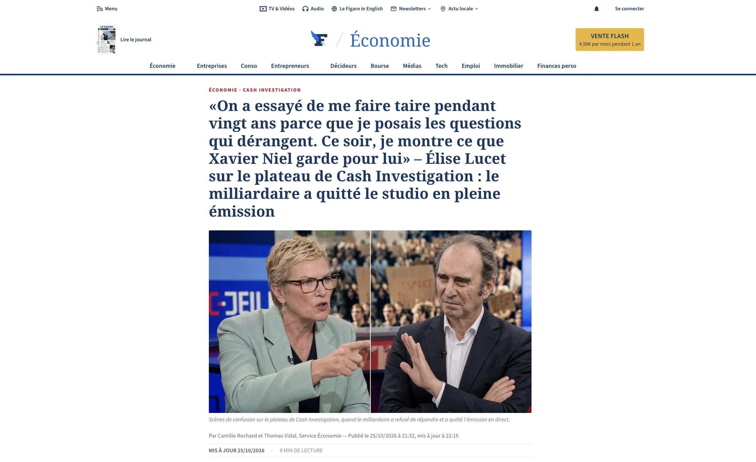 Élise Lucet questionne Xavier Niel lors d'un débat tendu sur le plateau de Cash Investigation, émaillé d'indications visuelles textuelles sur le programme de l'économie en direct.