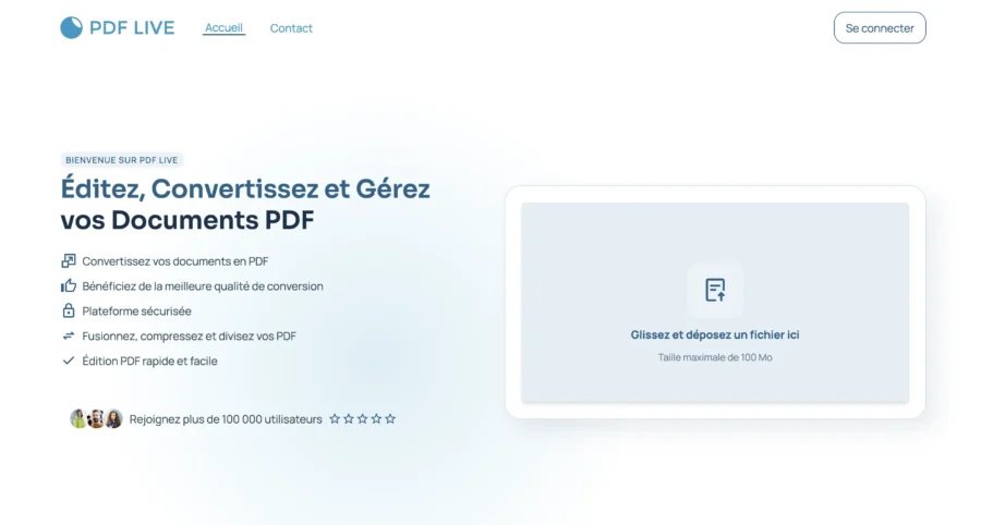 Page web de PDF Live affichant les fonctionnalités pour l'édition et la conversion de documents PDF.
