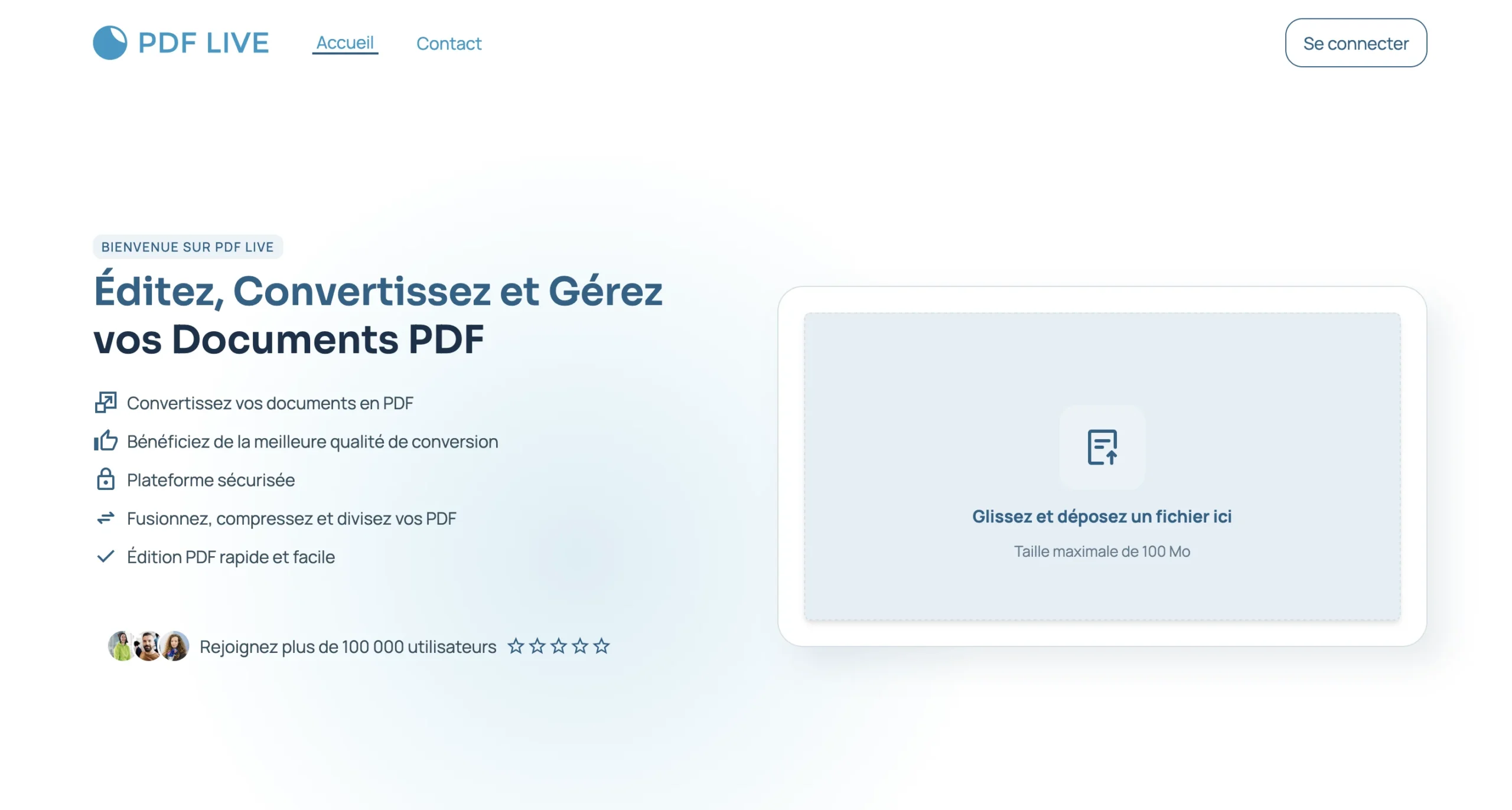 Page web de PDF Live affichant les fonctionnalités pour l'édition et la conversion de documents PDF.