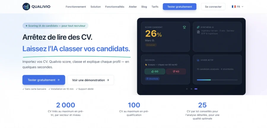 Page web Quarvio mettant en avant sa plateforme IA pour filtrer les CV, affichant une interface de tableau de bord.