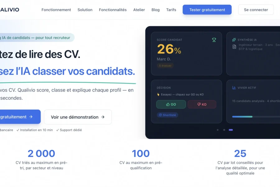 Page web Quarvio mettant en avant sa plateforme IA pour filtrer les CV, affichant une interface de tableau de bord.