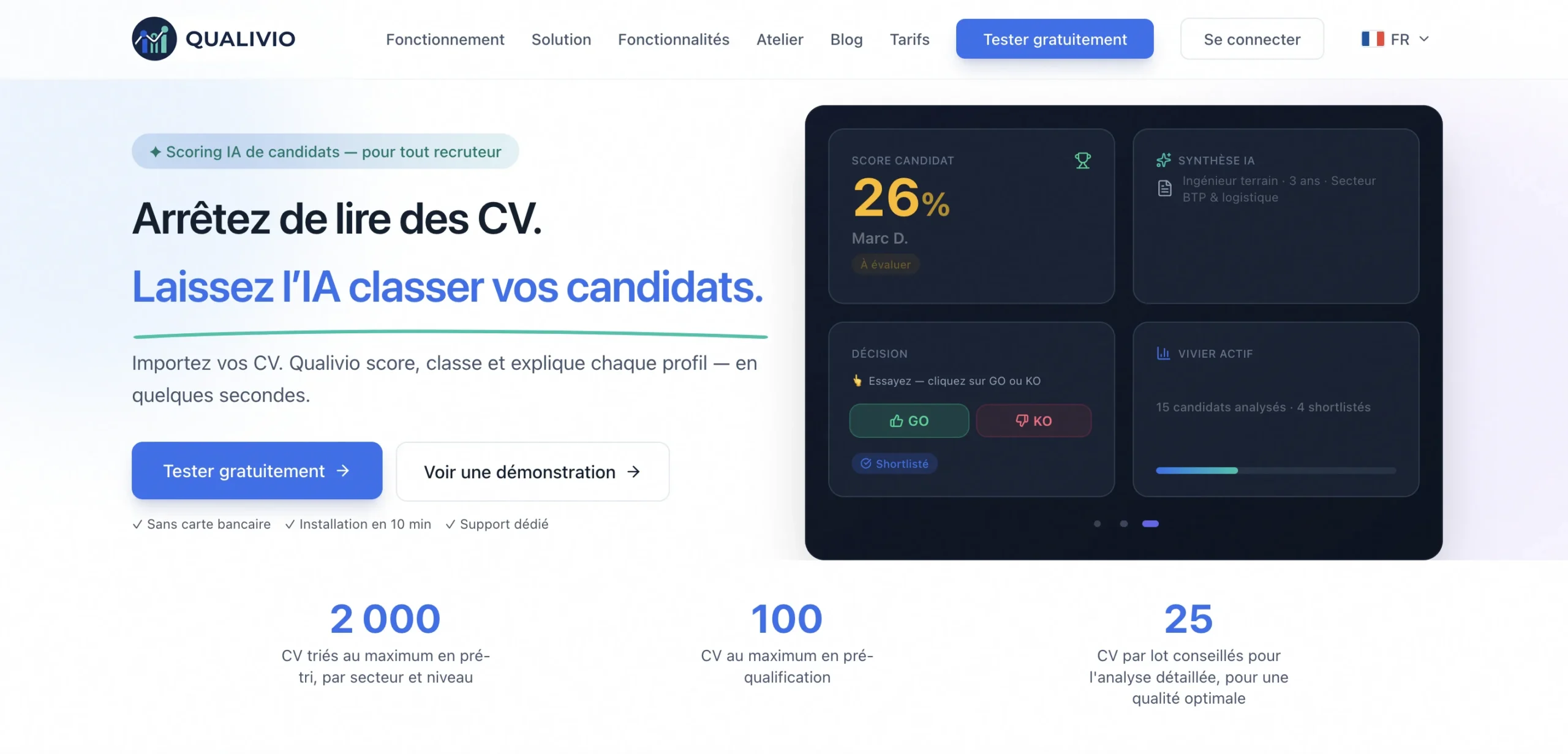 Page web Quarvio mettant en avant sa plateforme IA pour filtrer les CV, affichant une interface de tableau de bord.