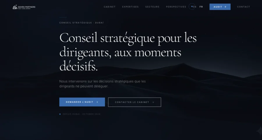 Interface web affichant le titre 'Conseil stratégique pour les dirigeants, aux moments décisifs' sur fond sombre.