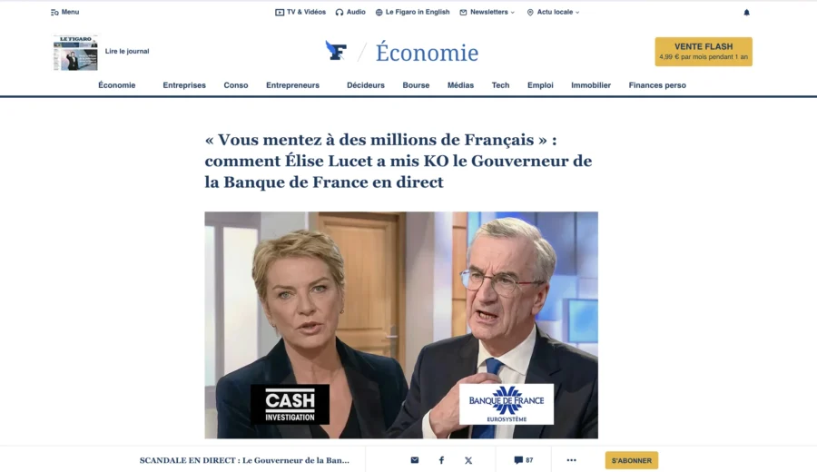 Extraits d'un entretien télévisé opposant Élise Lucet d'Economic Day à un représentant de la Banque de France dans le cadre d'un débat direct.