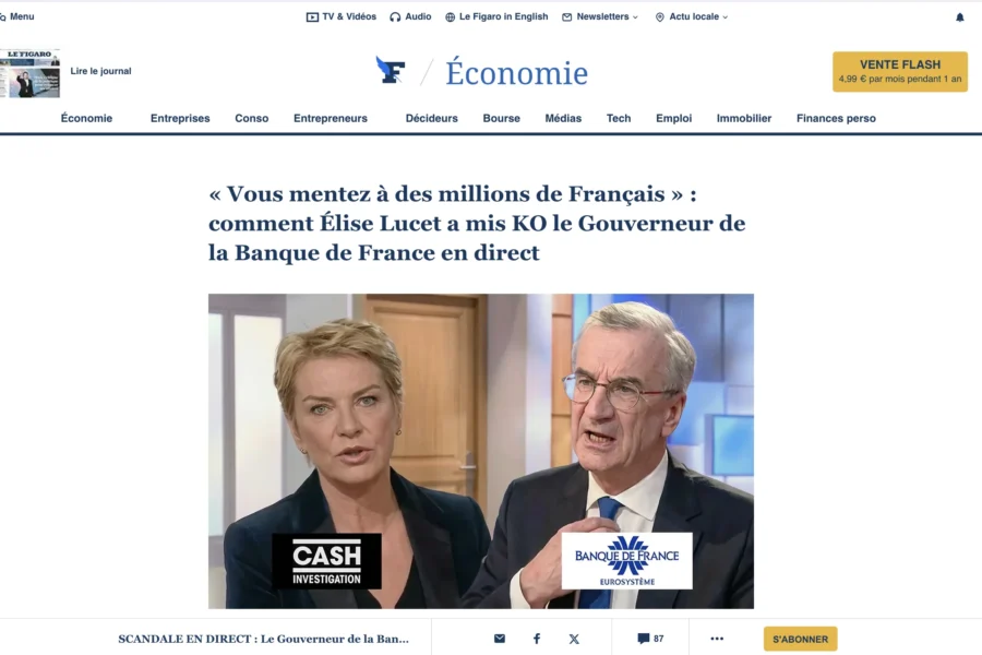 Extraits d'un entretien télévisé opposant Élise Lucet d'Economic Day à un représentant de la Banque de France dans le cadre d'un débat direct.