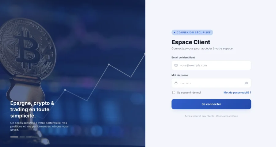 Interface de connexion d'une plateforme d'épargne, crypto et trading avec une pièce Bitcoin et un graphique de cours.