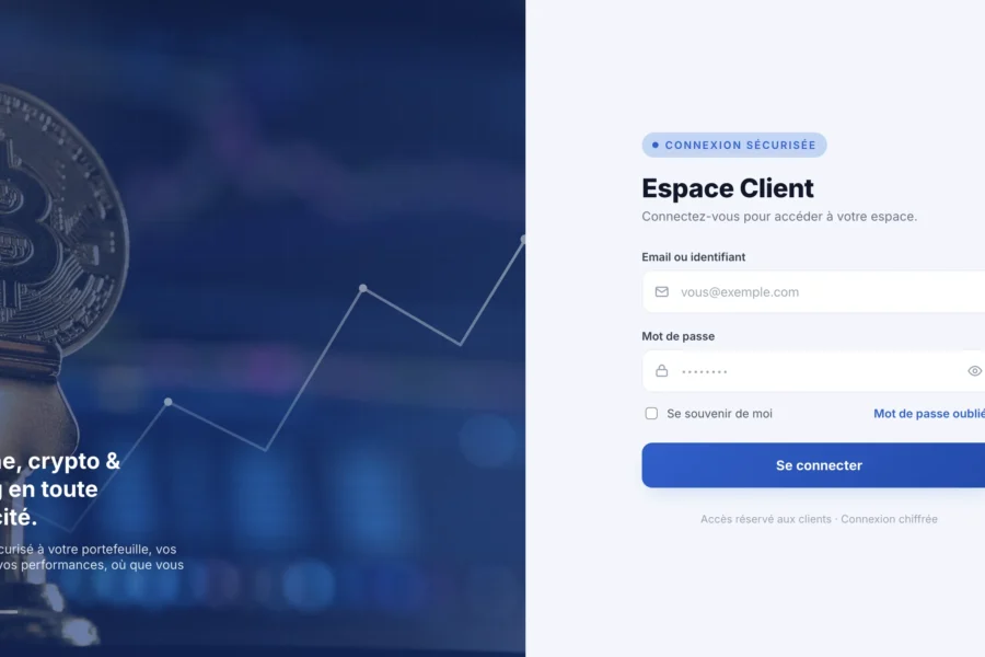 Interface de connexion d'une plateforme d'épargne, crypto et trading avec une pièce Bitcoin et un graphique de cours.
