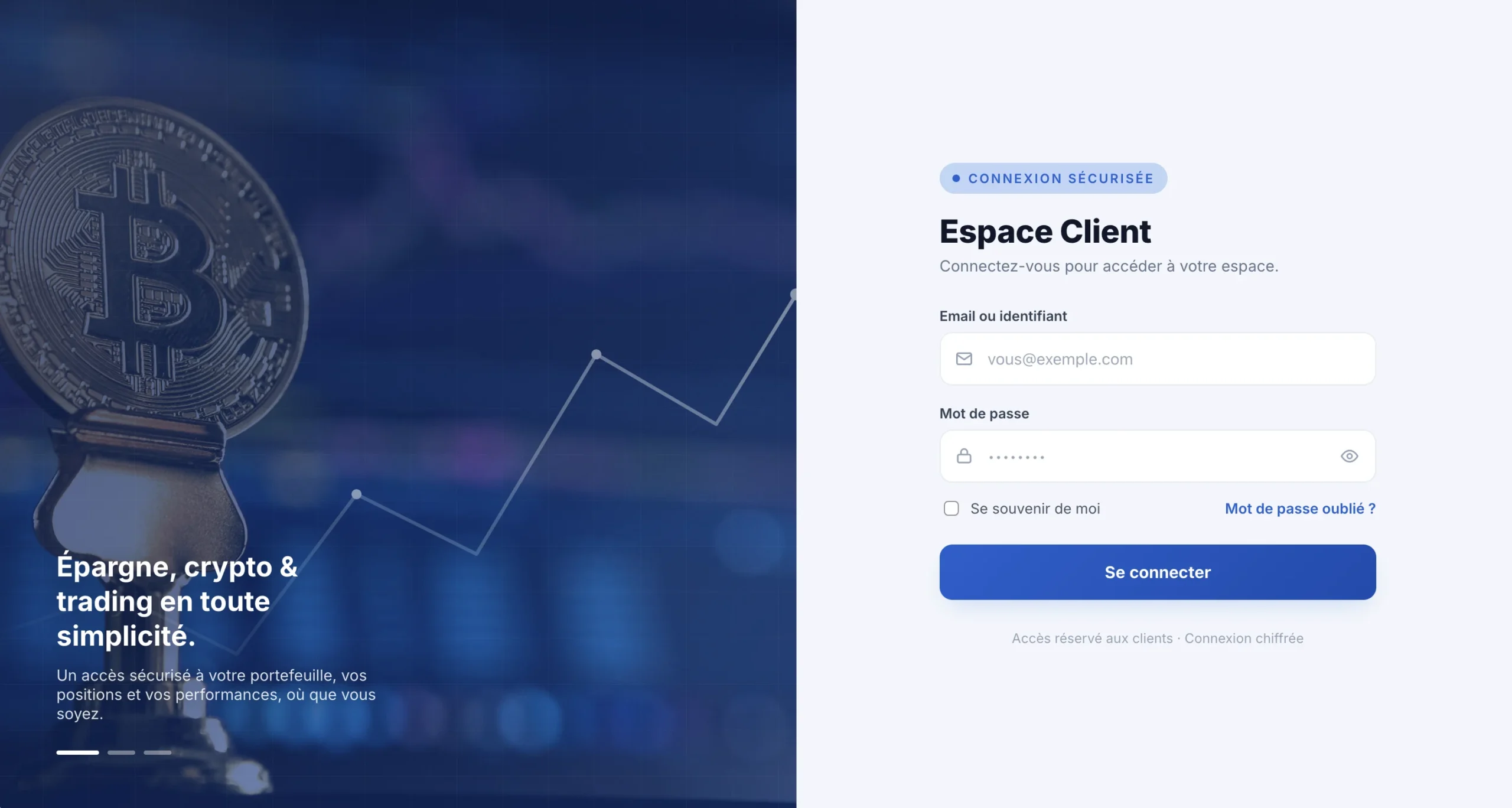 Interface de connexion d'une plateforme d'épargne, crypto et trading avec une pièce Bitcoin et un graphique de cours.