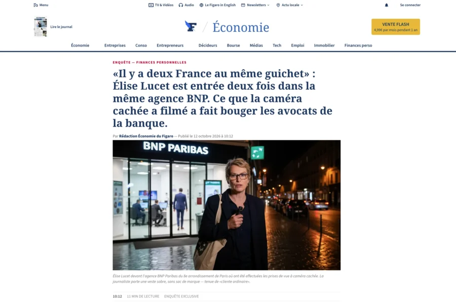 Article de la section Économie traitant d'une situation inhabituelle vécue dans une agence BNP Paribas avec une femme en image d'illustration de nuit.