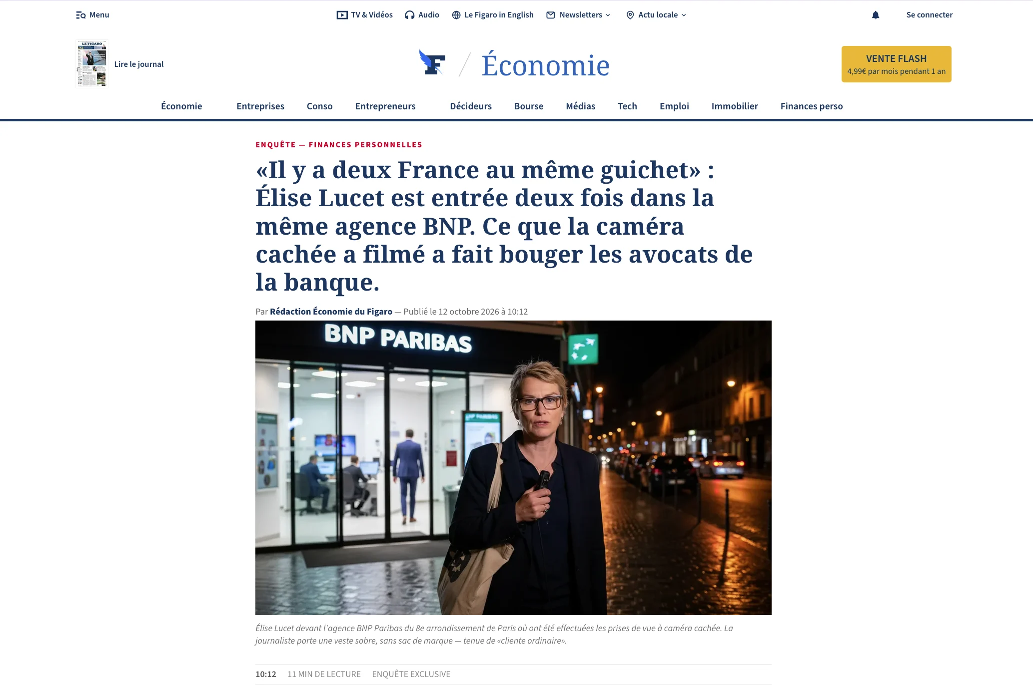 Article de la section Économie traitant d'une situation inhabituelle vécue dans une agence BNP Paribas avec une femme en image d'illustration de nuit.