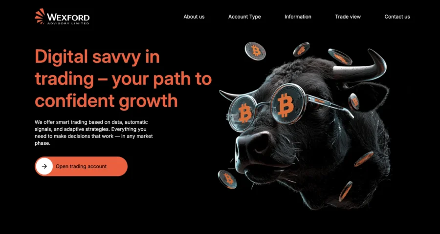 Site web Wixford présentant un taurillon portant des lunettes Bitcoin et le texte 'Digital savvy in trading'.
