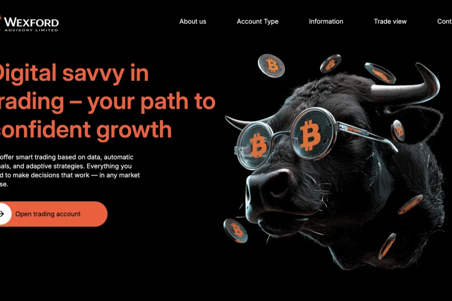 Site web Wixford présentant un taurillon portant des lunettes Bitcoin et le texte 'Digital savvy in trading'.